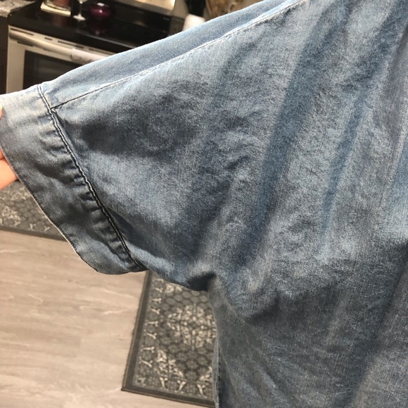 Sharango XL Chambray Denim Gathered Oversized Blouse Pocket Dolman S/S Lyocell - Picture 4 of 6